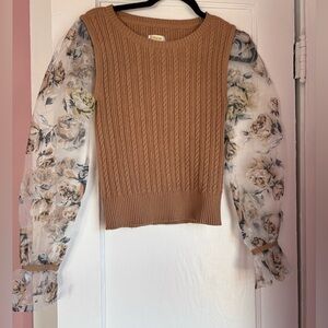 Maeve Anthropologie Cable Knit Sweater w Sheer Floral Puff Sleeves XS